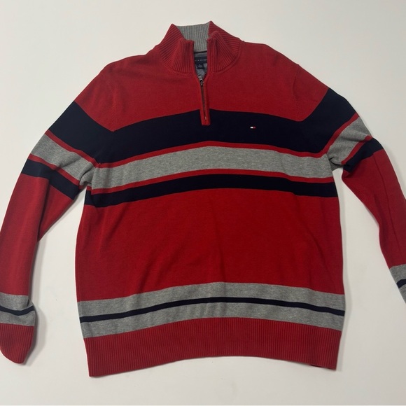 Tommy Hilfiger Men’s 1/4 Zip Sweater XL Red Navy Gray Striped Pullover - Picture 1 of 5